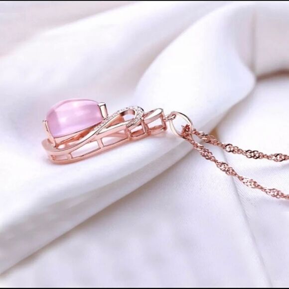 ELEGANT Rose Gold Tone CZ Diamond Pink Opal Necklace - Picture 5 of 7